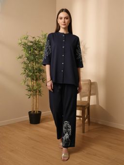 ZUMMER - Cotton Floral Embroidered Navy Blue Co-Ord Set