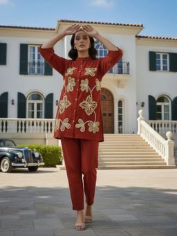 ZUMMER - Cotton Floral Embroidered Rust Co-Ord Set