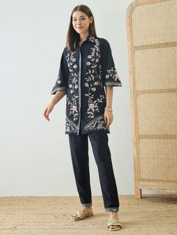ZUMMER - Cotton Floral Embroidered Black Co-Ord Set