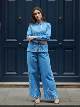 ZUMMER - Cotton Embroidered Blue Co-Ord Set
