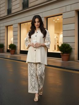 ZUMMER - Cotton Floral Embroidered Off White Co-Ord Set