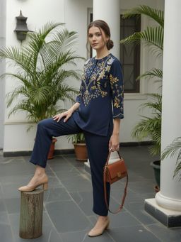 ZUMMER - Cotton Floral Embroidered Blue Co-Ord Set