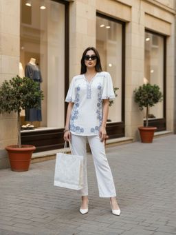 ZUMMER - Cotton Floral Embroidered White Co-Ord Set