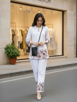 ZUMMER - Cotton Floral Embroidered White Co-Ord Set