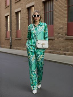 ZUMMER - Satin Abstract Printed Green Co-Ord Set