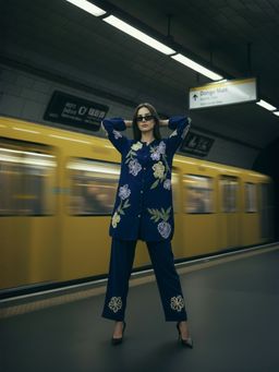 ZUMMER - Cotton Floral Embroidered Navy Blue Co-Ord Set