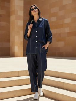 ZUMMER - Denim Embellished Navy Blue Co-Ord Set