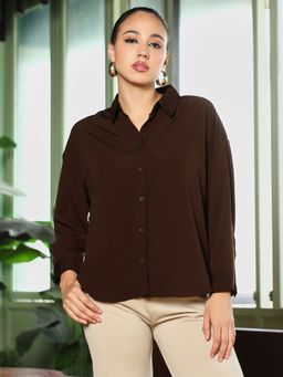 PINACOLADA - Women Chocolate Brown Satin Oversized Shirt