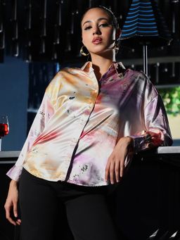 PINACOLADA - Women Cantaloupe Orange and Amethyst Purple Abstract-Satin Oversized Shirt
