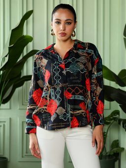 PINACOLADA - Women Crimson Red and Teal Green Artistic-Block Oversized Shirt