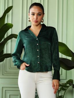PINACOLADA - Women Emerald Green Crushed-Satin Tailored Shirt