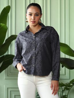PINACOLADA - Women Midnight Black Splatter-Jacquard Oversized Shirt