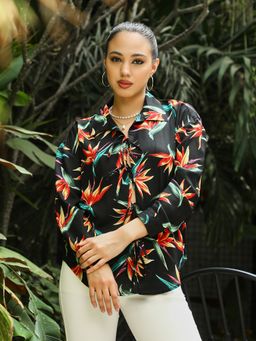 PINACOLADA - Women Onyx Black Flaming-Flora Tie-Up Blouse