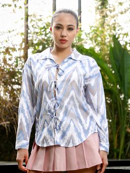 PINACOLADA - Women Misty Blue and Coin Grey Chevron-Dye Tie-Up Blouse