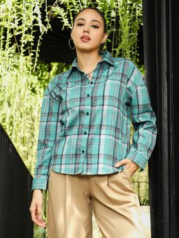 PINACOLADA - Women Fern Green Brushed-Plaid Oversized Shirt