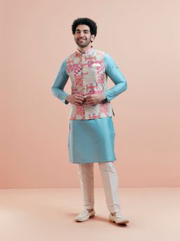 KISAH - Men Multi Coloured Textured Silk Blend Kurta Jacket Trouser Set with Abstract Print