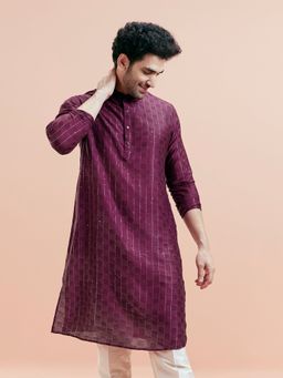 KISAH - Men Burgundy Solid, Textured Cotton Blend Kurta with Abstract Print