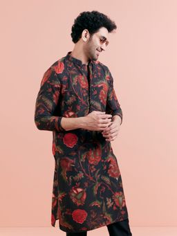 KISAH - Men Black Printed Cotton Blend Kurta with Abstract Print