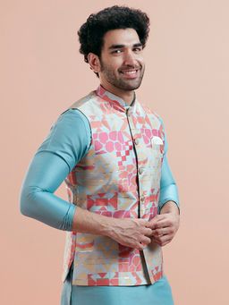 KISAH - Men Multi Coloured Textured Silk Blend Nehru Jacket with Zari Design
