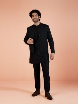 KISAH - Men Black Woven Design Kurta with Bomber Jacket and Trouser (Set of 3)