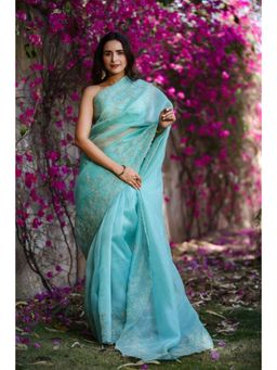 CHARU MAKKAR - Turquoise Blue Saree with Unstitched Blouse