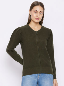 Madame - Women Olive Green Wool Cardigan