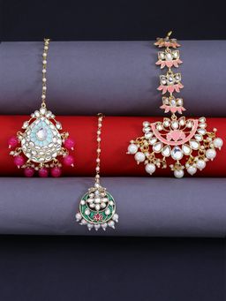 Yellow Chimes - 3 Pcs Gold -Plated MeenaKari Traditional Kundan Studded Maang Tikka's