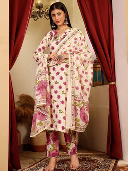 Lative Colours Of Fashion - White Cotton Regular Fit Floral Kurta With Pant & Dupatta