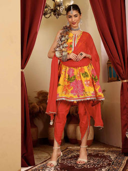 Lative Colours Of Fashion - Mustard Cotton Regular Fit Printed Kurta With Dhoti & Dupatta