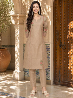 Rangita - Beige Viscose Regular Fit Embroidered Kurta With Pant
