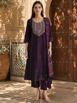 Rangita - Purple Viscose Regular Fit Embroidered Kurta With Pant & Dupatta