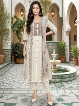 Rangita - Off White Viscose Regular Fit Floral Kurta With Pant & Dupatta