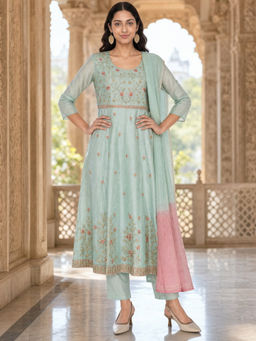 Rangita - Turquoise Viscose Regular Fit Floral Kurta With Pant & Dupatta