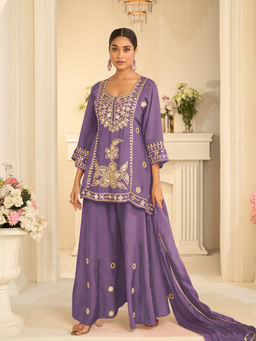 JATRIQQ - Lavender Silk Blend Regular Fit Embroidered Kurta With Sharara & Dupatta