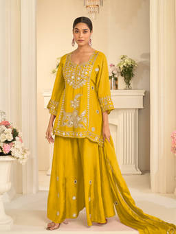 JATRIQQ - Mustard Silk Blend Regular Fit Embroidered Kurta With Sharara & Dupatta