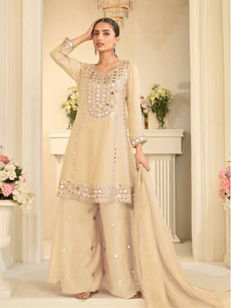 JATRIQQ - Cream Silk Blend Regular Fit Embroidered Kurta With Sharara & Dupatta