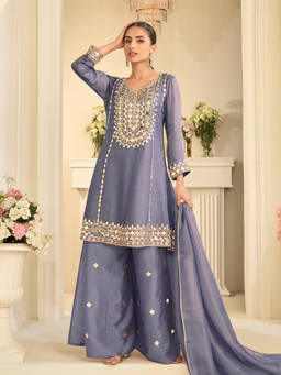 JATRIQQ - Lavender Silk Blend Regular Fit Embroidered Kurta With Sharara & Dupatta