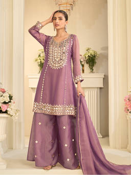 JATRIQQ - Mauve Silk Blend Regular Fit Embroidered Kurta With Sharara & Dupatta
