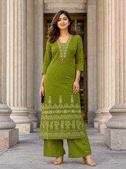 BERRYLICIOUS - Green Cotton Regular Fit Printed Kurta With Palazzo