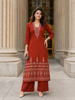 BERRYLICIOUS - Rust Cotton Regular Fit Printed Kurta With Palazzo