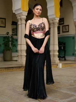 Lavanya The Label - Black Crystal Relaxed Fit Embroidered Blouse With Skirt & Dupatta