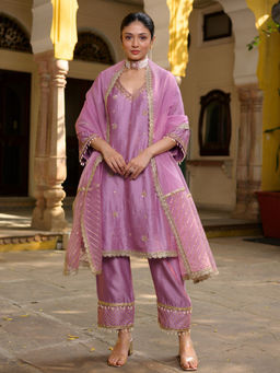 Lavanya The Label - Purple Silk Comfortable Fit Embroidered Kurta With Pant & Dupatta
