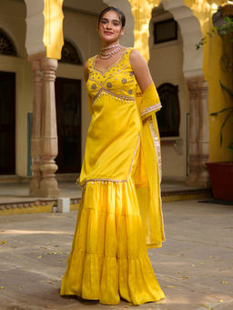 Lavanya The Label - Yellow Silk Comfortable Fit Embroidered Kurta With Sharara & Dupatta