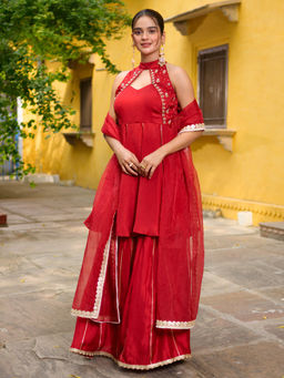 Lavanya The Label - Red Silk Flared Fit Embroidered Kurta With Sharara & Dupatta