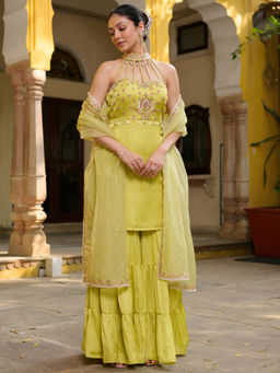 Lavanya The Label - Green Silk Flared Fit Embroidered Kurta With Sharara & Dupatta