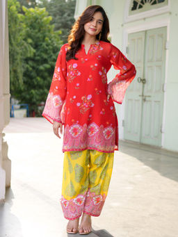 Lavanya The Label - Red Organza Relaxed Fit Floral Kurta With Salwar