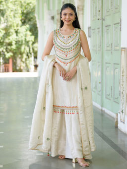 Lavanya The Label - White Tissue Flared Fit Embellished/Sequined Kurta With Sharara & Dupatta