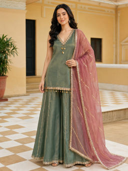 Lavanya The Label - Green Tissue Flared Fit Embroidered Kurta With Sharara & Dupatta