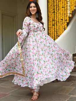 Lavanya The Label - White Georgette Regular Fit Floral Anarkali Kurta With Pant & Dupatta