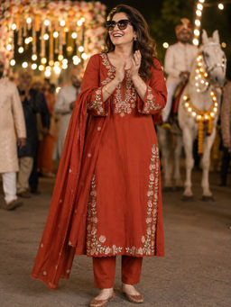 BERRYLICIOUS - Rust Cotton Regular Fit Floral Kurta With Pant & Dupatta